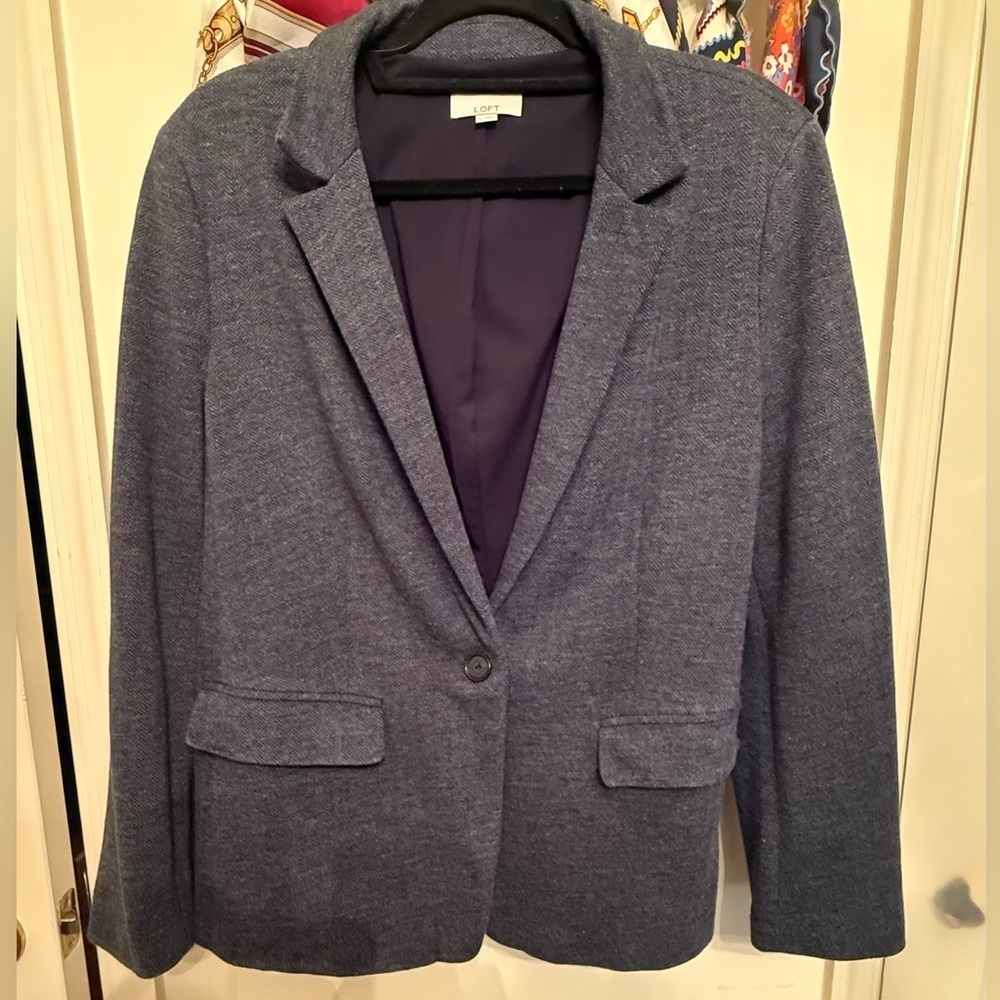Loft blue herringbone blazer with velvet elbow patches size 14